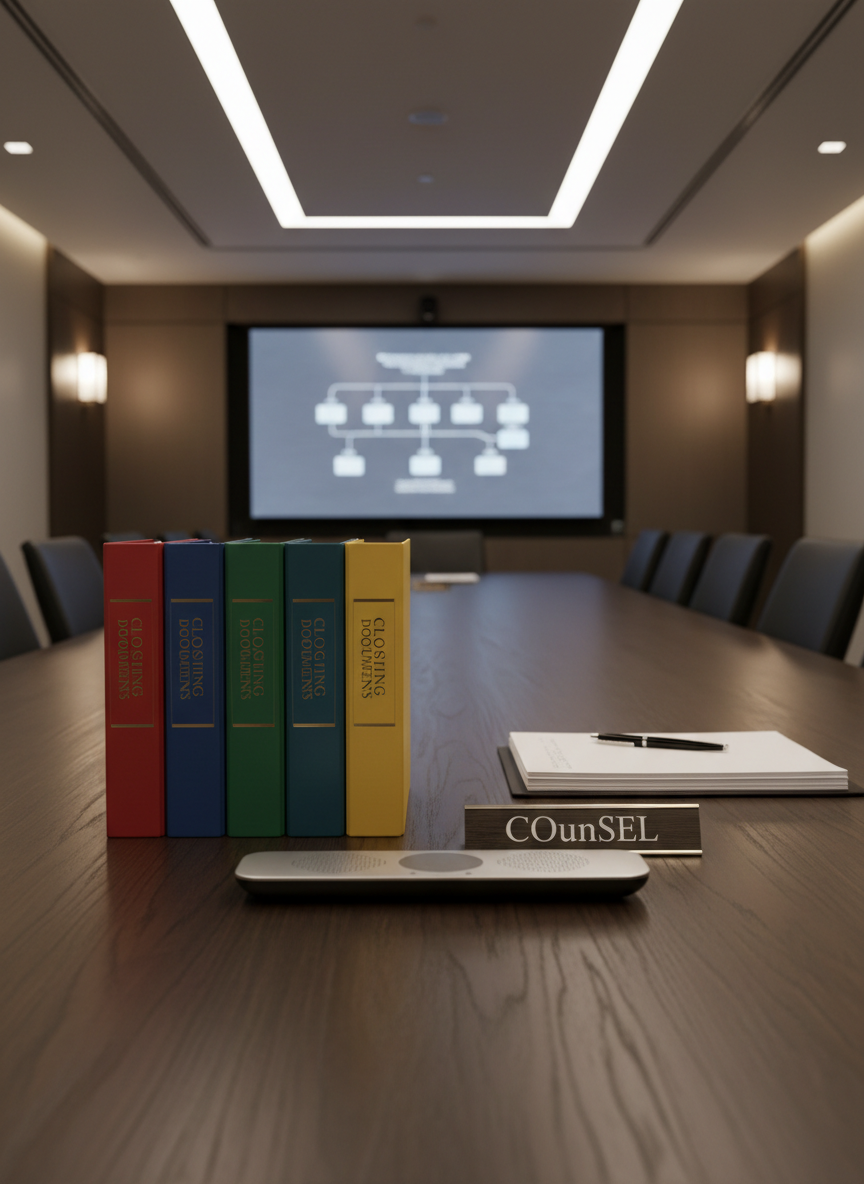 A sophisticated boardroom table crafted from dark, matte-finish oak, seen from one end so it stretches into the distance. On the nearest end, neatly arranged closing binders with color-coded spines, a slim silver conference speakerphone, and a single engraved metal nameplate reading “Counsel” sit atop perfectly aligned legal pads and fine black rollerball pens. The far wall features a large, wall-mounted display showing a muted, stylized corporate structure diagram. Indirect ceiling lights and a subtle glow from concealed wall sconces create an even, neutral light with soft shadows. Photographic realism, composed using the rule of thirds, with strong leading lines drawing the eye down the length of the table, projecting authority, preparation, and high-level transaction execution.