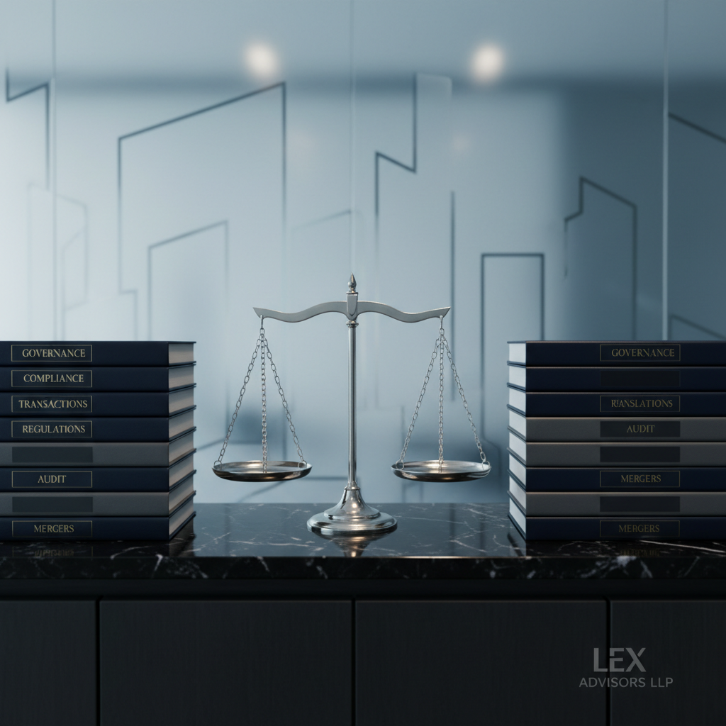 A close-up of a pristine, heavy-gauge silver scale of justice positioned on a polished black stone credenza, flanked by two neatly stacked piles of corporate documents in high-quality binders with subtle embossed labels like “Governance,” “Compliance,” and “Transactions.” Behind, a frosted glass wall features an abstract etched pattern suggesting a city skyline and discreet law firm branding. Cool, diffused overhead lighting creates sharp yet refined reflections on the metal surfaces and gentle gradients across the stone, evoking precision and clarity. The composition uses a shallow depth of field with the scales in crisp focus and the background softly blurred. Photographic realism with a clean, modern, professional mood, ideal for emphasizing balanced judgment and meticulous corporate advisory work.
