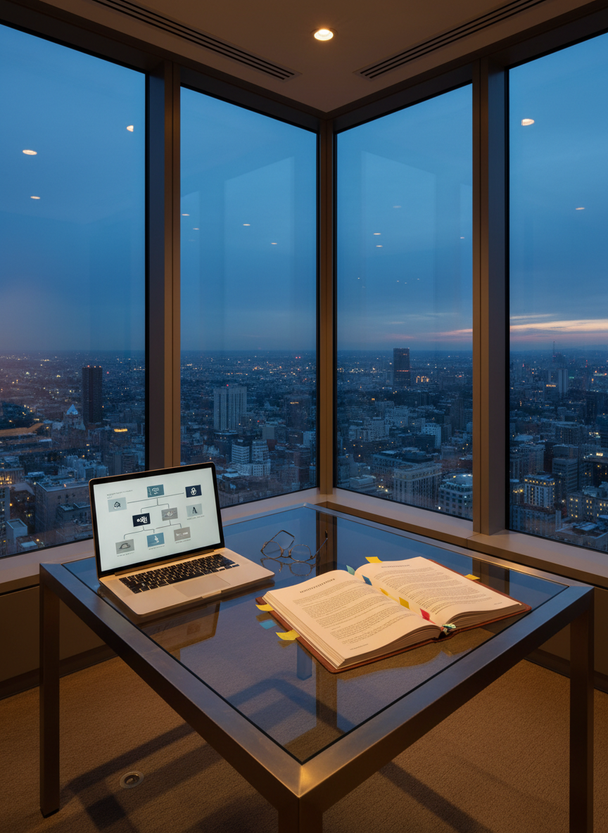 A gleaming corner office overlooking a modern city skyline at dusk, seen without any people, centered on a large glass-topped desk with a brushed steel frame. On the desk, an open high-end laptop displays a stylized corporate merger chart, beside a thick bound contract marked with colored flags and a pair of minimalist, rimless reading glasses. Floor-to-ceiling windows wrap around the room, letting in cool blue twilight mixed with the warm glow of recessed ceiling lights that create soft reflections on the desk. The mood is strategic and forward-looking. Photographic realism, shot from a slightly elevated angle with the desk in the foreground and the city softly blurred in the background, conveying sophistication, discretion, and big-deal corporate law practice.