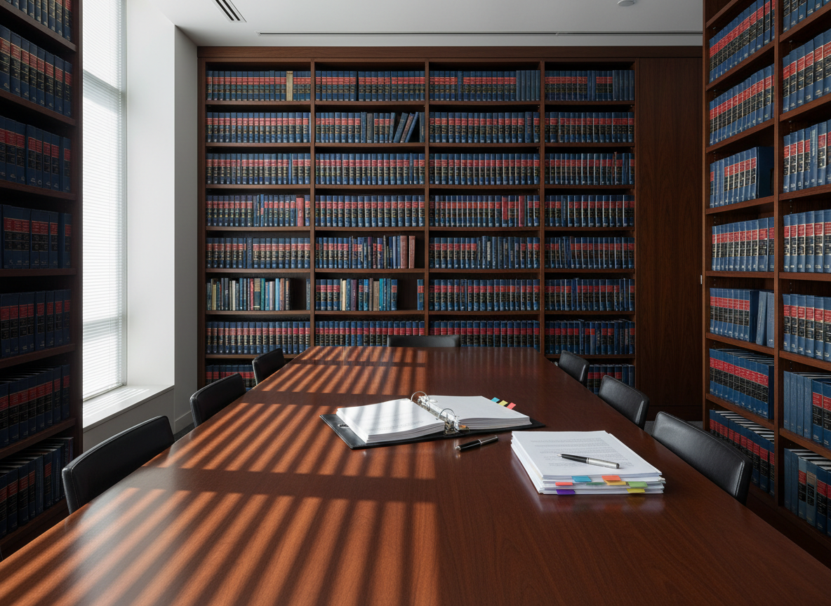 A meticulously organized corporate law library featuring rows of dark walnut shelves filled with neatly aligned leather-bound legal volumes in navy, burgundy, and charcoal, each spine embossed with gold titles. At the center sits a broad, uncluttered mahogany conference table with a single open binder, a sleek silver fountain pen, and a stack of crisp white documents with subtle tabbed sections. Soft daylight filters through tall frosted-glass windows, casting gentle, linear shadows across the table’s polished surface. The mood is professional, calm, and authoritative. Photographic realism with a clean, modern aesthetic, captured at eye level with a slight wide-angle view and sharp focus throughout, emphasizing order, sophistication, and the gravity of high-stakes corporate counsel.