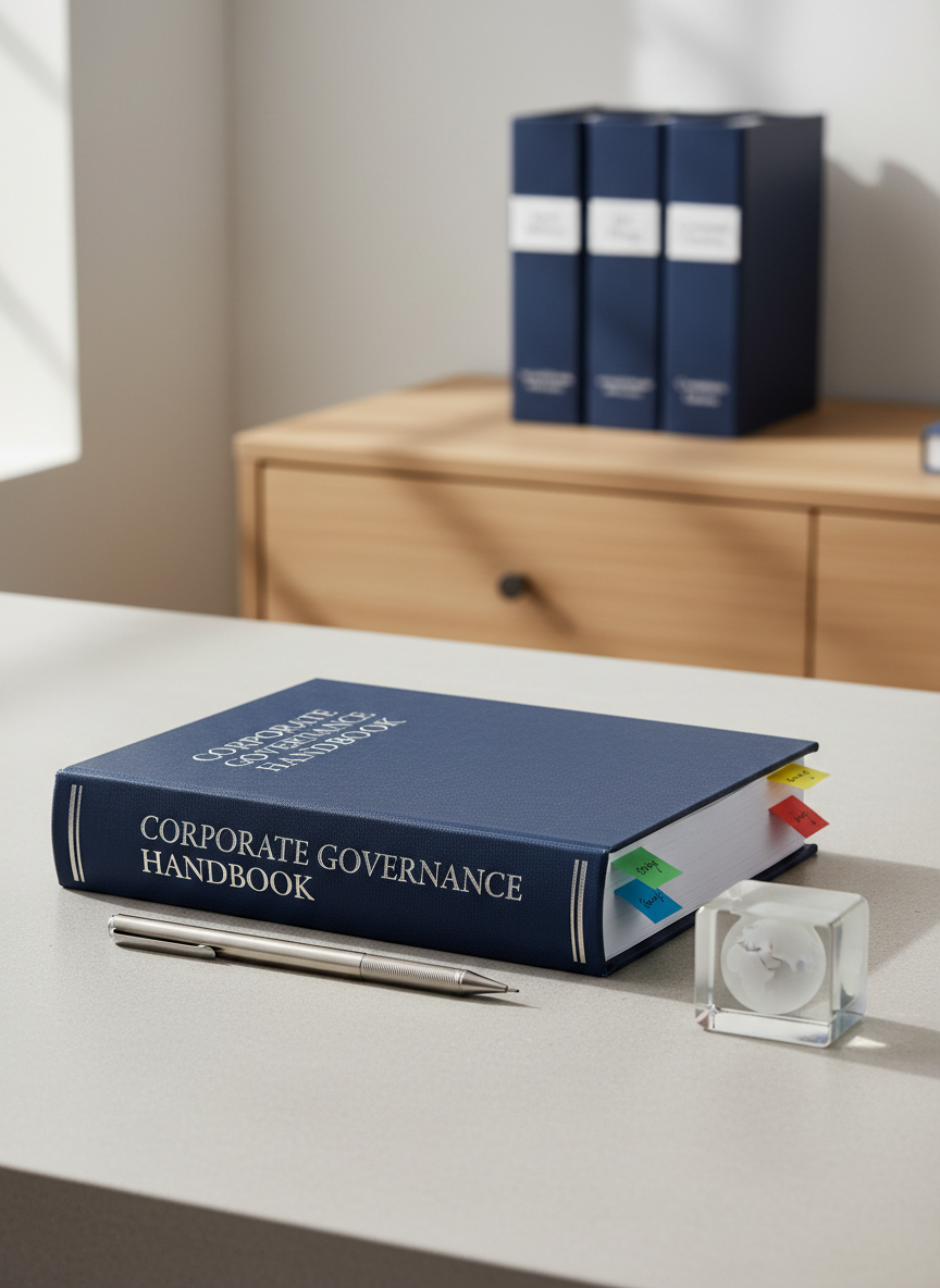 An elegant close-up of a thick, navy-blue corporate governance handbook with silver foil lettering resting on a smooth, light-gray stone surface. Around it lie neatly arranged colored tabs, a stainless steel mechanical pencil, and a minimalist glass paperweight encasing a tiny etched globe, suggesting multinational practice. In the background, slightly out of focus, a row of matching binders labeled “Board Minutes,” “SEC Filings,” and “Committee Charters” lines a low credenza of pale oak. Soft morning light from an unseen window to the left creates gentle highlights along the book’s textured cover and faint shadows that add depth without clutter. Photographic realism with a clean, contemporary, highly professional mood, emphasizing detail-oriented, public company governance expertise.